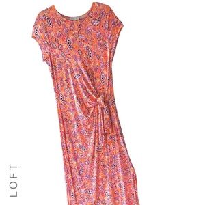 LOFT | NWOT | ORANGE PAISLEY MIDI SIDE TIE DRESS SHORT SLEEVE | EXTRA LARGE